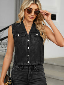 V-Neck Button Down Denim Vest