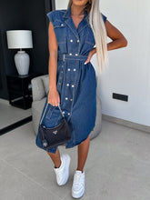 Load image into Gallery viewer, Collared Neck Cap Sleeve Denim Dress