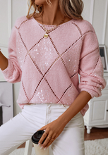 Load image into Gallery viewer, Openwork Sequin Round Neck Long Sleeve Sweater