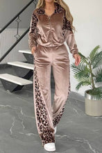 Load image into Gallery viewer, Full Size Collared Neck Leopard Zip Up Top and Pants Set Plus Size