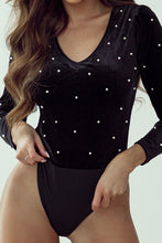 Load image into Gallery viewer, Pearl Detail Velvet V-Neck Long Sleeve Bodysuit