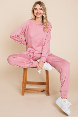 Super Lady Round Neck Raglan Sleeve Top and Drawstring Pants Lounge Set