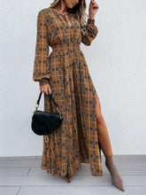 Load image into Gallery viewer, Slit Plaid Tie Neck Long Sleeve Maxi Dress