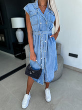 Load image into Gallery viewer, Collared Neck Cap Sleeve Denim Dress