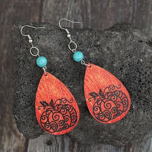 Turquoise Wooden Pumpkin Teardrop Earrings