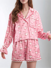 Load image into Gallery viewer, Valentine’s Day Lace Detail Heart Print Collared Neck Top and Shorts Lounge Set