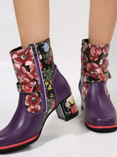 Load image into Gallery viewer, PU Leather Flower Block Heel Boots