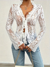 Load image into Gallery viewer, Lace Tied Ruffled V-Neck Long Sleeve Top