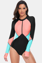 Load image into Gallery viewer, Color Block Half Zip Long Sleeve One-Piece Swimwear