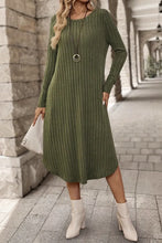 Load image into Gallery viewer, Ribbed Curved Hem Round Neck Long Sleeve Dress