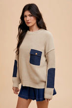 Load image into Gallery viewer, Annie Wear Contrast Round Neck Drop Shoulder Sweater with Patch Pocket