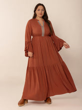 Load image into Gallery viewer, Plus Size Ruffled Notched Long Sleeve Midi Dress