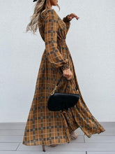 Load image into Gallery viewer, Slit Plaid Tie Neck Long Sleeve Maxi Dress