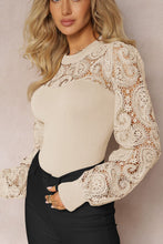 Load image into Gallery viewer, Lace Patchwork Round Neck Long Sleeve Blouse