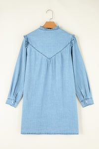 Button Up Notched Long Sleeve Denim Dress