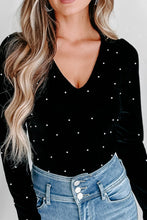 Load image into Gallery viewer, Pearl Detail Velvet V-Neck Long Sleeve Bodysuit