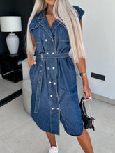 Load image into Gallery viewer, Collared Neck Cap Sleeve Denim Dress