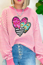 Load image into Gallery viewer, Striped Sequin Heart Round Neck Long Sleeve Sweatshirt