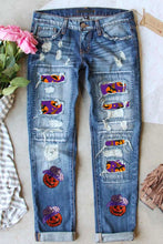 Load image into Gallery viewer, Distressed Sequin Pumpkin Jeans