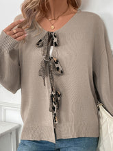 Load image into Gallery viewer, Perfee Tied Contrast Heart V-Neck Long Sleeve Cardigan