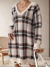 Load image into Gallery viewer, Distressed Plaid V-Neck Long Sleeve Sweater Dress