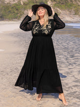 Load image into Gallery viewer, Plus Size Embroidered Tie Neck Long Sleeve Dress