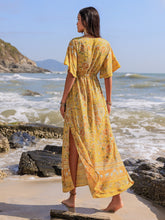 Load image into Gallery viewer, Drawstring Printed Plunge Half Sleeve Dress