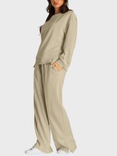 Load image into Gallery viewer, Round Neck Long Sleeve Top and Slit Pants Set