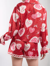 Load image into Gallery viewer, Valentine’s Day Lace Detail Heart Print Collared Neck Top and Shorts Lounge Set