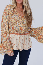 Load image into Gallery viewer, Peplum Printed Surplice Flare Sleeve Blouse