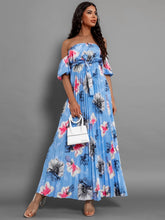 Load image into Gallery viewer, Pleated Floral Off-Shoulder Short Sleeve Midi Dress