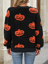 Load image into Gallery viewer, Fuzzy Pumpkin Round Neck Dropped Shoulder Sweater