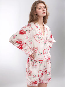 Valentine’s Day Lace Detail Heart Print Collared Neck Top and Shorts Lounge Set