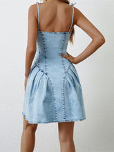 Load image into Gallery viewer, Ruched Zip Up Spaghetti Strap Denim Dress