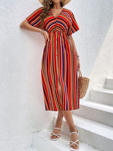 Load image into Gallery viewer, Slit Striped V-Neck Short Sleeve Midi Dress