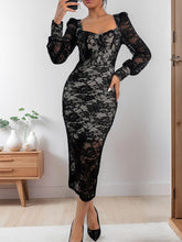 Load image into Gallery viewer, Perfee Lace Sweetheart Neck Long Sleeve Midi Dress