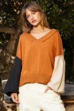 Load image into Gallery viewer, POL Exposed Seam Roll Edge Color Block V Neck Sweater