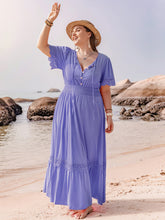 Load image into Gallery viewer, Plus Size Lace Detail Tie Neck Short Sleeve Maxi Dress