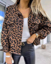 Load image into Gallery viewer, Raw Hem Leopard Collared Neck Denim Jacket