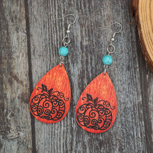 Load image into Gallery viewer, Turquoise Wooden Pumpkin Teardrop Earrings