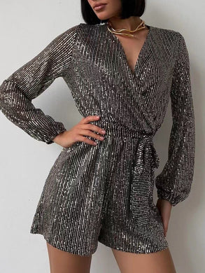 Full Size Sequin Surplice Tie Waist Long Sleeve Romper