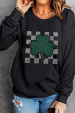 Load image into Gallery viewer, Rhinestone Checkered Lucky Clover Round Neck Sweatshirt