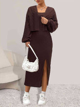 Load image into Gallery viewer, Open Front Long Sleeve Cardigan and Side Slit Cami Dress Set