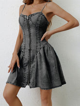 Load image into Gallery viewer, Ruched Zip Up Spaghetti Strap Denim Dress