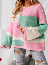 Load image into Gallery viewer, Color Block Round Neck Drop Shoulder Sweater