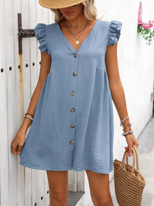 Button Up V-Neck Cap Sleeve Mini Dress