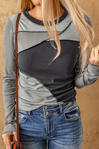 Exposed Seam Contrast Round Neck Long Sleeve T-Shirt