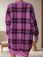 Load image into Gallery viewer, Distressed Plaid V-Neck Long Sleeve Sweater Dress