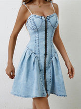 Load image into Gallery viewer, Ruched Zip Up Spaghetti Strap Denim Dress