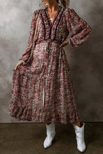 Load image into Gallery viewer, Frill Printed V-Neck Long Sleeve Midi Dress